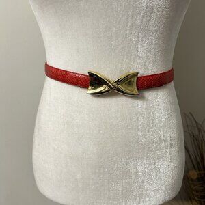 Vtg Dame Genuine Snake Skin Belt Red Sz S / M Gold Tone Buckle Adjustable Belt